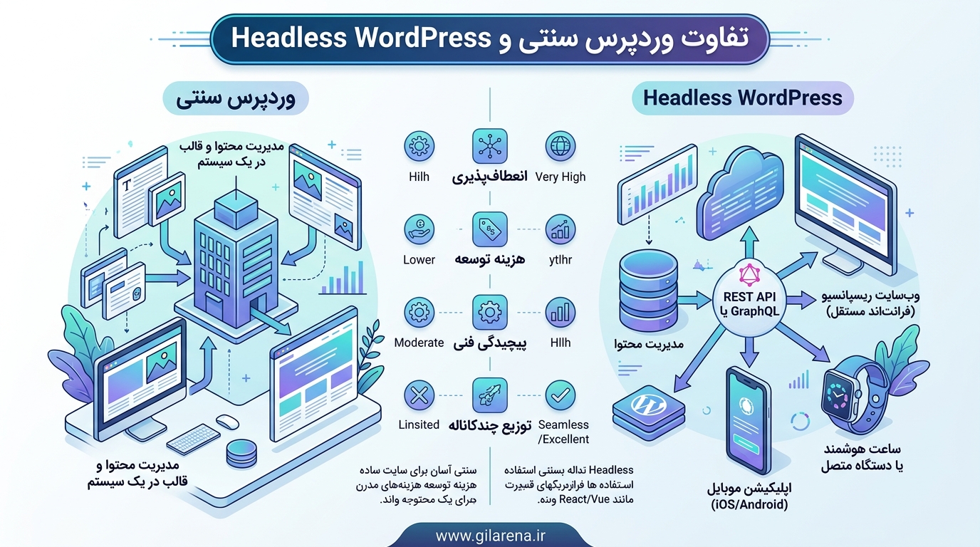 تفاوت وردپرس سنتی و Headless WordPress مقایسه وردپرس سنتی و Headless WordPress از نظر معماری، فرانتاند و انعطافپذیری